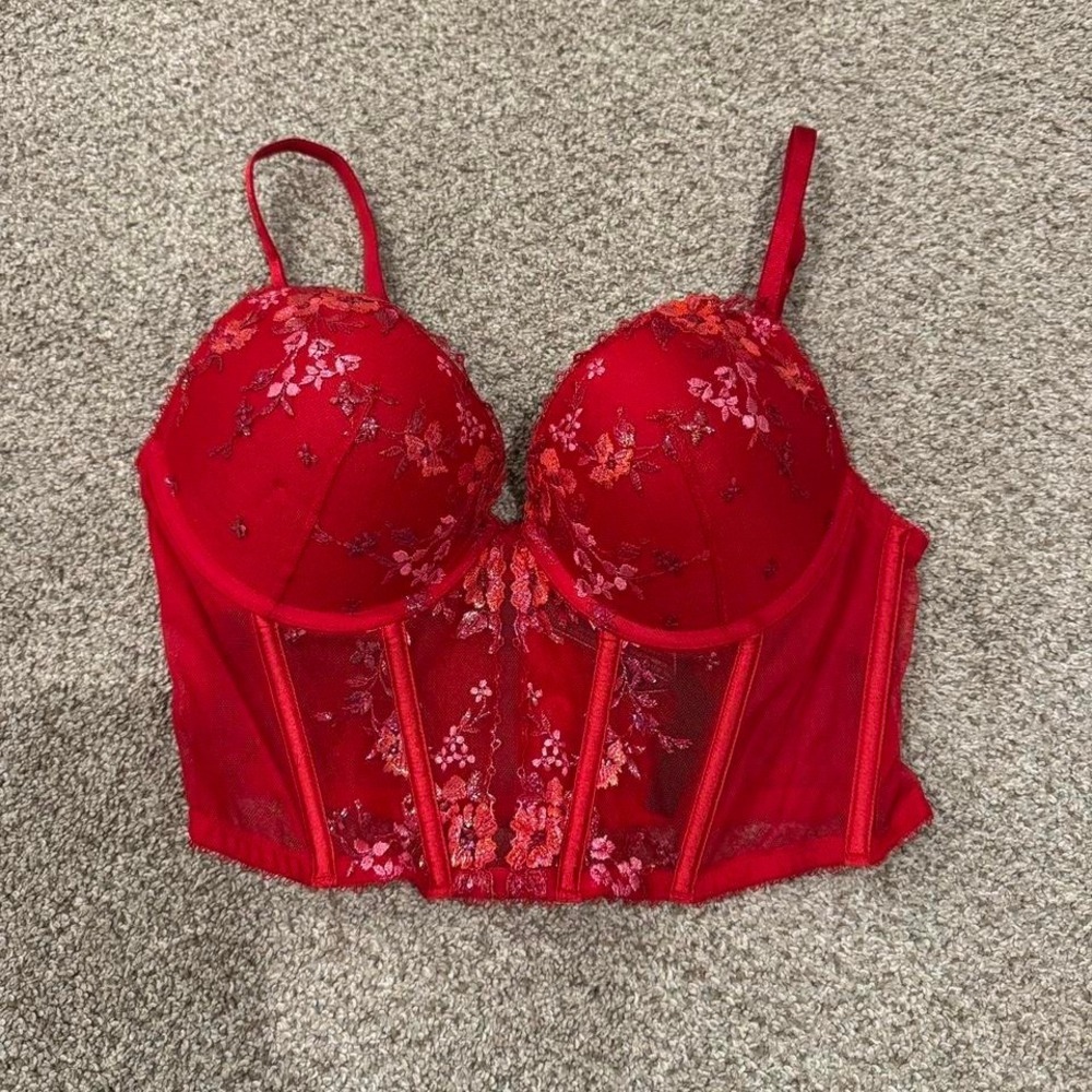 Victoria's Secret Very Sexy Red Floral Embroidered Push Up Corset Bustier 36B